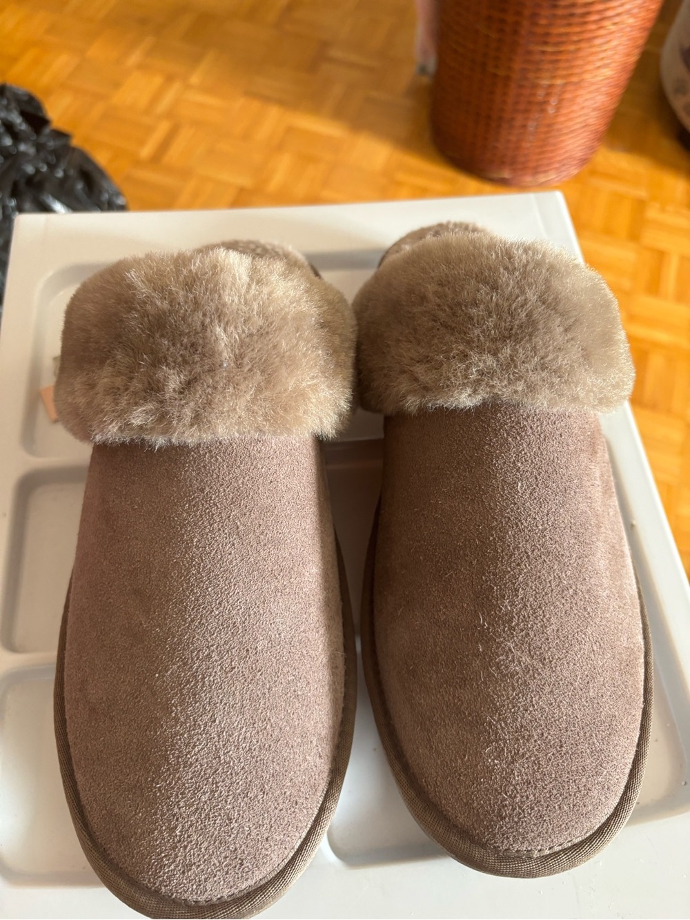 Women's Plush Suede Fuzzy Cuff Slippers - Taupe